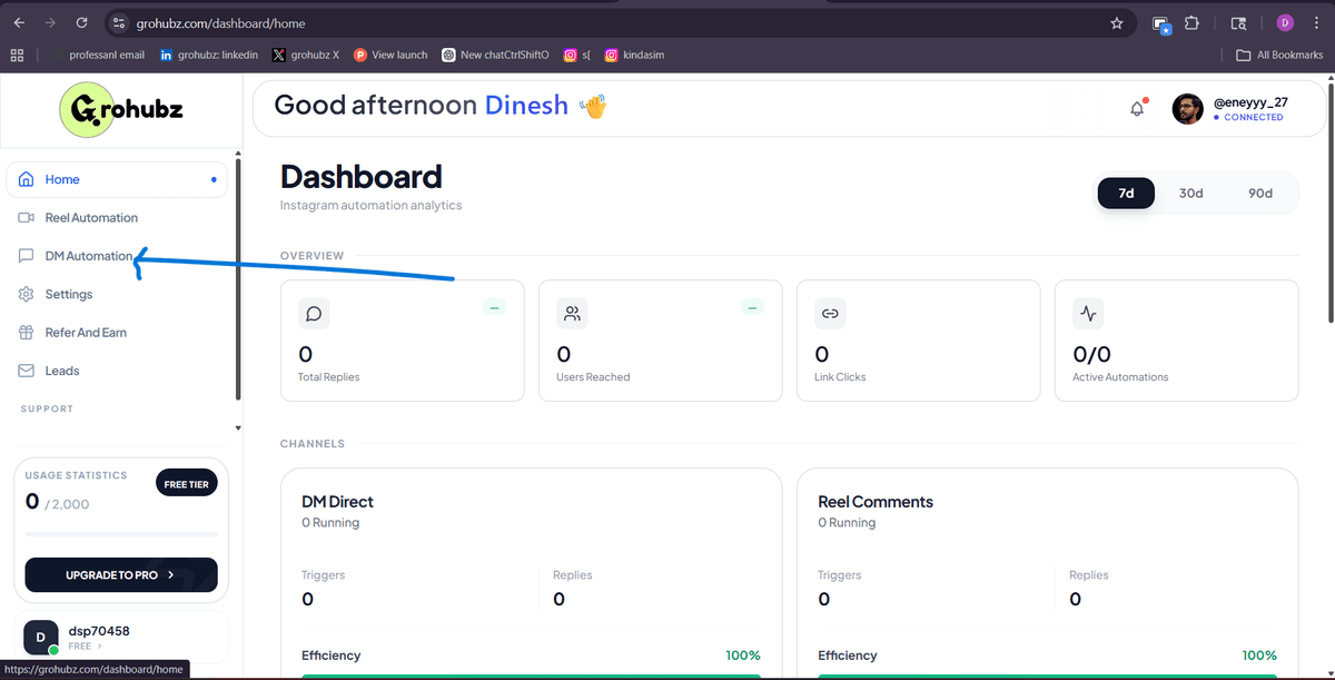 Dashboard sidebar with DM Automation menu - placeholder