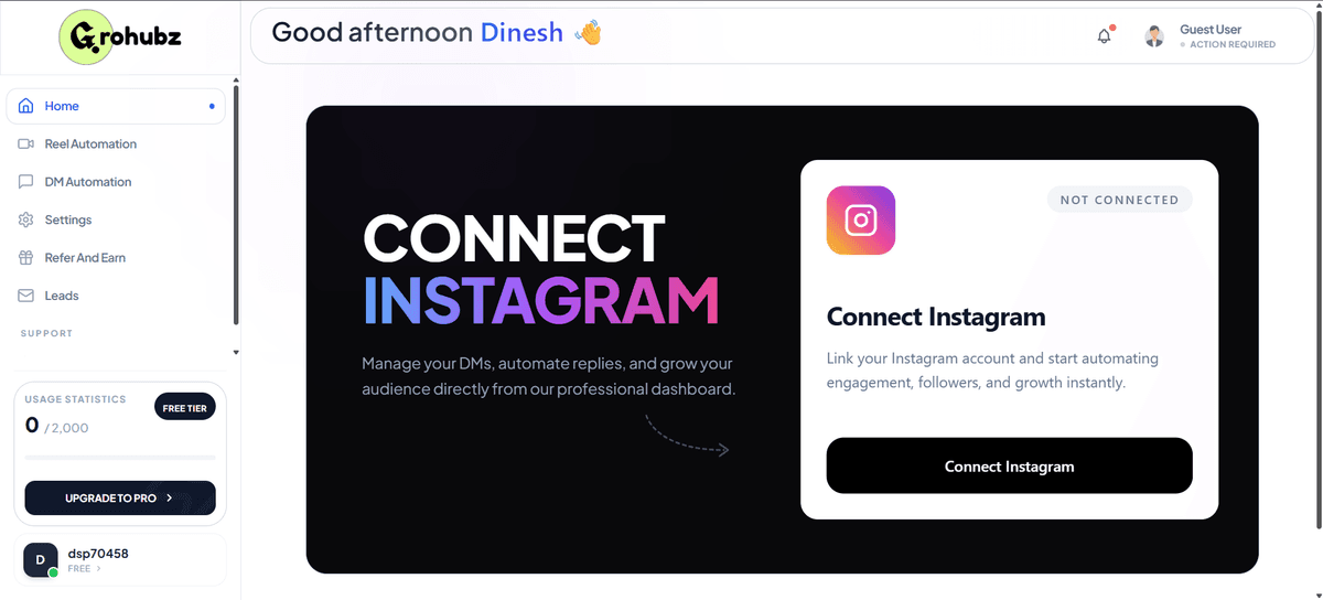 Dashboard showing Connect Instagram button - placeholder