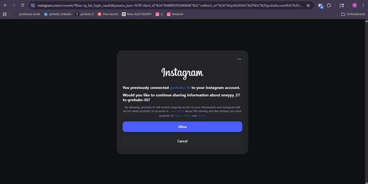 Instagram permission popup - placeholder
